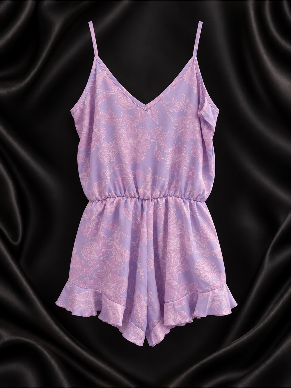 Pink Lily Lavender Floral Satin Romper- Lilac